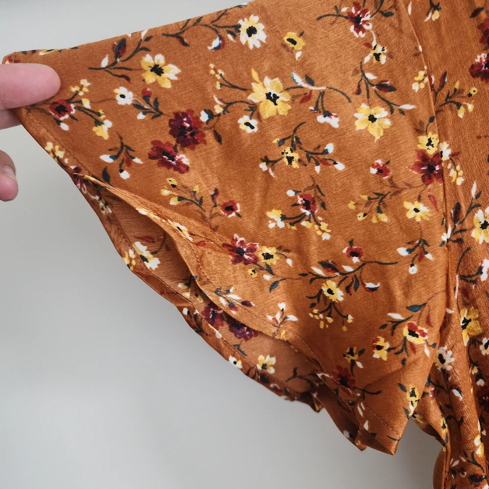 Lovestitch Rust Floral Wrap Midi Dress Boho Chic Tie Waist - Picture 6 of 10